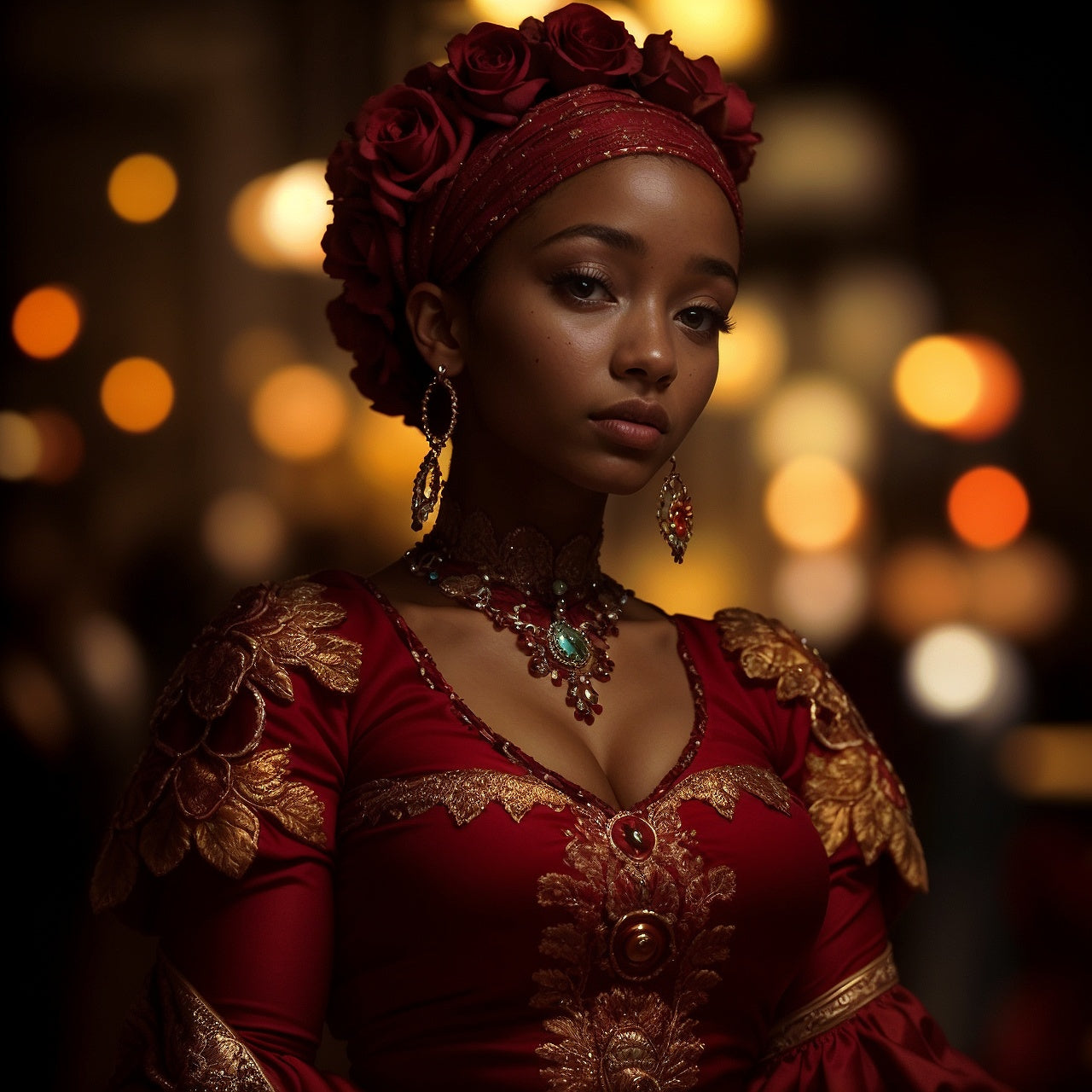Woman in a red and gold traditional outfit with a blurred bokeh background